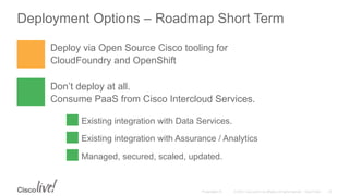 © 2015 Cisco and/or its affiliates. All rights reserved. Cisco PublicPresentation ID
Deployment Options – Roadmap Short Term
23
Deploy via Open Source Cisco tooling for
CloudFoundry and OpenShift
Don’t deploy at all.
Consume PaaS from Cisco Intercloud Services.
Existing integration with Data Services.
Existing integration with Assurance / Analytics
Managed, secured, scaled, updated.
 