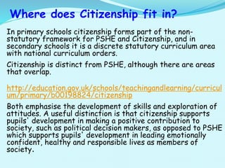 Where does Citizenship fit in?
In primary schools citizenship forms part of the non-
statutory framework for PSHE and Citizenship, and in
secondary schools it is a discrete statutory curriculum area
with national curriculum orders.
Citizenship is distinct from PSHE, although there are areas
that overlap.
http://education.gov.uk/schools/teachingandlearning/curricul
um/primary/b00198824/citizenship
Both emphasise the development of skills and exploration of
attitudes. A useful distinction is that citizenship supports
pupils' development in making a positive contribution to
society, such as political decision makers, as opposed to PSHE
which supports pupils' development in leading emotionally
confident, healthy and responsible lives as members of
society.
 