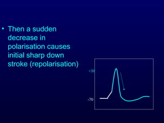 • Then a sudden
decrease in
polarisation causes
initial sharp down
stroke (repolarisation)
-70
+30
 