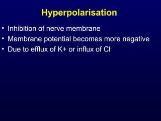 Hyperpolarisation
• Inhibition of nerve membrane
• Membrane potential becomes more negative
• Due to efflux of K+ or influx of Cl-
 