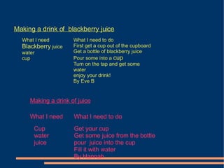 Making a drink of  blackberry juice What I need Blackberry  juice water cup What I need to do First get a cup out of the cupboard Get a bottle of blackberry juice Pour some into a  cup Turn on the tap and get some water enjoy your drink! By Eve B Making a drink of juice What I need What I need to do Cup Get your cup water Get some juice from the bottle juice pour  juice into the cup Fill it with water By Hannah 