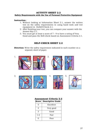 27
ACTIVITY SHEET 2.2
Safety Requirements with the Use of Personal Protective Equipment
Instruction:
1. Without looking at Information Sheet 2.1, answer the written
test on the safety requirements in using hand tools and test
equipment in theSelf-Check 2.1.
2. After finishing your test, you can compare your answer with the
Answer Key 2.1.
3. You must get at least a score of 7 - 9 to have a rating of Very
Good and pass the Self-check based on Assessment Criteria 2.1.
SELF-CHECK SHEET 2.2
Direction: Write the safety requirement indicated in each number on a
separate sheet of paper.
1. 2.
3. 4. 5.
Assessment Criteria 2.2
Score Descriptive Grade
5 Excellent
4 Very good
3 Good
1-2 Fair
0 Poor
 