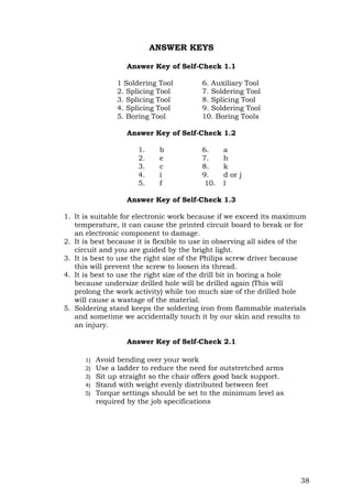 38
ANSWER KEYS
Answer Key of Self-Check 1.1
1 Soldering Tool 6. Auxiliary Tool
2. Splicing Tool 7. Soldering Tool
3. Splicing Tool 8. Splicing Tool
4. Splicing Tool 9. Soldering Tool
5. Boring Tool 10. Boring Tools
Answer Key of Self-Check 1.2
1. b 6. a
2. e 7. h
3. c 8. k
4. i 9. d or j
5. f 10. l
Answer Key of Self-Check 1.3
1. It is suitable for electronic work because if we exceed its maximum
temperature, it can cause the printed circuit board to break or for
an electronic component to damage.
2. It is best because it is flexible to use in observing all sides of the
circuit and you are guided by the bright light.
3. It is best to use the right size of the Philips screw driver because
this will prevent the screw to loosen its thread.
4. It is best to use the right size of the drill bit in boring a hole
because undersize drilled hole will be drilled again (This will
prolong the work activity) while too much size of the drilled hole
will cause a wastage of the material.
5. Soldering stand keeps the soldering iron from flammable materials
and sometime we accidentally touch it by our skin and results to
an injury.
Answer Key of Self-Check 2.1
1) Avoid bending over your work
2) Use a ladder to reduce the need for outstretched arms
3) Sit up straight so the chair offers good back support.
4) Stand with weight evenly distributed between feet
5) Torque settings should be set to the minimum level as
required by the job specifications
 