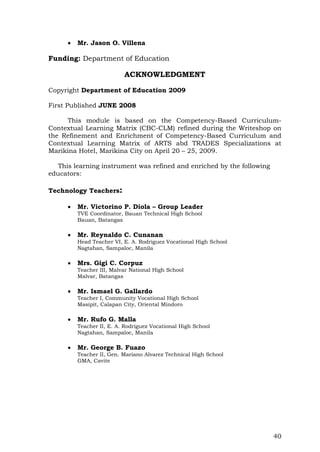 40
 Mr. Jason O. Villena
Funding: Department of Education
ACKNOWLEDGMENT
Copyright Department of Education 2009
First Published JUNE 2008
This module is based on the Competency-Based Curriculum-
Contextual Learning Matrix (CBC-CLM) refined during the Writeshop on
the Refinement and Enrichment of Competency-Based Curriculum and
Contextual Learning Matrix of ARTS abd TRADES Specializations at
Marikina Hotel, Marikina City on April 20 – 25, 2009.
This learning instrument was refined and enriched by the following
educators:
Technology Teachers:
 Mr. Victorino P. Diola – Group Leader
TVE Coordinator, Bauan Technical High School
Bauan, Batangas
 Mr. Reynaldo C. Cunanan
Head Teacher VI, E. A. Rodriguez Vocational High School
Nagtahan, Sampaloc, Manila
 Mrs. Gigi C. Corpuz
Teacher III, Malvar National High School
Malvar, Batangas
 Mr. Ismael G. Gallardo
Teacher I, Community Vocational High School
Masipit, Calapan City, Oriental Mindoro
 Mr. Rufo G. Malla
Teacher II, E. A. Rodriguez Vocational High School
Nagtahan, Sampaloc, Manila
 Mr. George B. Fuazo
Teacher II, Gen. Mariano Alvarez Technical High School
GMA, Cavite
 