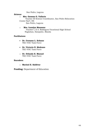 44
San Pedro, Laguna
Science
o Mrs. Gemma G. Vallarta
Teacher III Science Coordinator, San Pedro Relocation
Center Nat’l. HS
San Pedro, Laguna
o Mrs. Lenalyn Manzano
Teacher I, E A. Rodriguez Vocational High School
Nagtahan, Sampaloc, Manila
Facilitators:
 Dr. Corazon L. Echano
TEC-VOC Task Force
 Dr. Victorio N. Medrano
TEC-VOC Task Force
o Dr. Orlando E. Manuel
TEC-VOC Task Force
Encoders:
o Marisol E. Saldivar
Funding: Department of Education
 