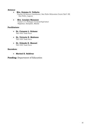 48
Science
 Mrs. Gemma G. Vallarta
Teacher III Science Coordinator, San Pedro Relocation Center Nat’l. HS
San Pedro, Laguna
 Mrs. Lenalyn Manzano
Teacher I, E A. Rodriguez Vocational High School
Nagtahan, Sampaloc, Manila
Facilitators:
 Dr. Corazon L. Echano
TEC-VOC Task Force
 Dr. Victorio N. Medrano
TEC-VOC Task Force
 Dr. Orlando E. Manuel
TEC-VOC Task Force
Encoders:
 Marisol E. Saldivar
Funding: Department of Education
 