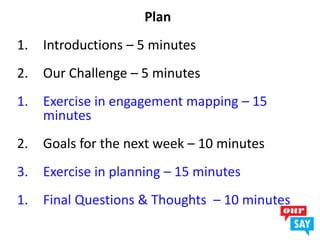 Plan
1. Introductions – 5 minutes
2. Our Challenge – 5 minutes
1. Exercise in engagement mapping – 15
minutes
2. Goals for the next week – 10 minutes
3. Exercise in planning – 15 minutes
1. Final Questions & Thoughts – 10 minutes
 