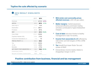 Topline the sole affected by scenario
2 0 1 4 R E S U L T H I G H L I G H T S
( M € )
2 GRUPPOHERA
• Mild winter and commodity prices
affected revenues (-200 m€ gas sales).
• Better margins: market expansion,
enhanced efficiency and lower trading
activities contributed to higher Ebitda/Ebit
margins.
• Cost of debt reduction thanks to liability
management in last 18 months.
• Income from associates & J.V. affected by
mild winter and full mergers of IRG e ERE
(3.7€m).
• Tax benefit from lower Robin Tax and
review of IRAP.
• Extraordinary income mainly relates to
AcegasAps merger in 2013.
2013* 2014
Revenues 4,727.5 4,513.6 (4.5%)
EBITDA 810.2 867.8 +7.1%
Ebitda margin % 17.1% 19.2%
Depreciation (312.7) (339.1)
Provisions (97.8) (87.5)
EBIT 399.7 441.2 +10.4%
Cost of Debt (134.1) (132.8)
Figurative interests (IAS) (13.6) (13.0)
Income from Associates & J.V. 11.5 7.8
PRETAX PROFIT ADJ. 263.4 303.2
Tax (118.1) (122.0)
Tax rate (44.8%) (40.2%)
Minorities (16.8) (17.6)
NET PROFIT POST MINORITIES ADJ. 128.5 163,6 +27.3%
Extraordinary income 36.4 1.2
Net profit & Extraord. Income reported 164.9 164.8
*Restated accounting IFRS 11. Details set out in appendix
Positive contribution from business, financial and tax management
+
 