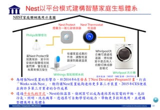 31
Nest以 模式建構智慧家庭生態體系
Nest Thermostat
恆溫器
 為增強Nest裝置的影響力，於2014年6月 表了Nest Developer Program計畫，打出
Works with Nest ，期待讓Nest裝置能夠連結更多第三方裝置，2015年CES便展
出與許多第三方業者的合作成果
 透過平台化的方式，Nest的恆溫器 偵測器可以成為連結其他家電的中樞，包括
冷氣 照明 洗衣機等，透過其可自動學習的能力，帶動更多創新應用，並建構
整體應用生態體系
當Nest Protect發
現異常時 家中所
安裝的智慧燈 就
會閃爍 警告屋主
有異常情況發生
Nest Protect
煙霧 一氧 碳偵測器
Withings 智能睡 系統
Philips智慧燈
Whirlpool洗
衣機 透過恆
溫器 得知
家中是否有人
自動 換成靜
音模式
依據家庭成員的
作息 調整恆溫
器 到最適溫度
Whirlpool 洗衣機
NEST家庭聯網應用示意圖
資料來源：NEST，MIC整理，2015年1月
 