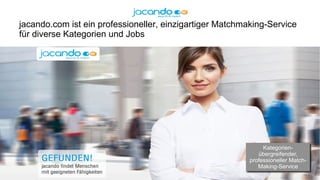 171511-DT jacando_sharecon.pptx
jacando.com ist ein professioneller, einzigartiger Matchmaking-Service
für diverse Kategorien und Jobs
•  Quelle: jacando
Kategorien-
übergreifender,
professioneller Match-
Making-Service
 