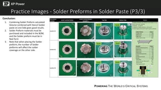 POWERING THE WORLD’S CRITICAL SYSTEMS
Practice Images - Solder Preforms in Solder Paste (P3/3)
Description
method
Install method (Solder
Install method (Solder,
Standoff…)
Top Side Bottom Side Remark
Location #1
Location #2
Location #3
1) Solder Preforms are placed at the Solder's V-Cut
points with even spacing
2) Vpaste : 7.5 (mm³)
3) Vpaste of Solder preform: 10.9 (mm³)
4) Total Vpaste 18.4 (mm³) with result as photos
Solder Preform Value
Length (mm) 2.46
Width (mm) 1.27
Hight (mm) 0.7
Volume (mmᶟ) x 5ea 10.9
Standoff Value
ts (Stencil thickness) (mm) 0.13
Dpad (mm) 5.4
Dhole (mm) 3.7
Dlead (mm) 3.5
h (PCB thickness) (mm) 1.6
l (mm) 7.3
w (defause 0.5mm) 0.5
h (mm) 0.13
Vcut (mm³) 4.8
Vpaste with two fillets (mm³) 12.3
Vpaste (mm³) 7.5
Total Vpaste (mm³) 18.4
h
w
l
Good Good
Good
Good
Good
Good
Conclusion:
1. Combining Solder Preform calculated
Volume combined with Stencil Solder
paste on one Side gives good results.
2. Solder Preform materials must be
purchased and included in the BOM,
and the Solder preform must be in
Reel form
3. Note that when placing the Solder
preform, the number of Solder
preforms will affect the solder
coverage on the other side.
 