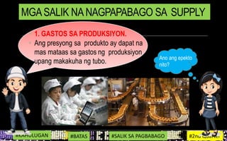 • 1. GASTOS SA PRODUKSIYON.
• Ang presyong sa produkto ay dapat na
mas mataas sa gastos ng produksiyon
upang makakuha ng tubo.
#KAHULUGAN #BATAS #SALIK SA PAGBABAGO #2nd Quarter
MGASALIK NA NAGPAPABAGO SA SUPPLY
Ano ang epekto
nito?
 