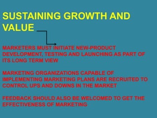SUSTAINING GROWTH AND
VALUE
MARKETERS MUST INITIATE NEW-PRODUCT
DEVELOPMENT, TESTING AND LAUNCHING AS PART OF
ITS LONG TERM VIEW
MARKETING ORGANIZATIONS CAPABLE OF
IMPLEMENTING MARKETING PLANS ARE RECRUITED TO
CONTROL UPS AND DOWNS IN THE MARKET
FEEDBACK SHOULD ALSO BE WELCOMED TO GET THE
EFFECTIVENESS OF MARKETING
 