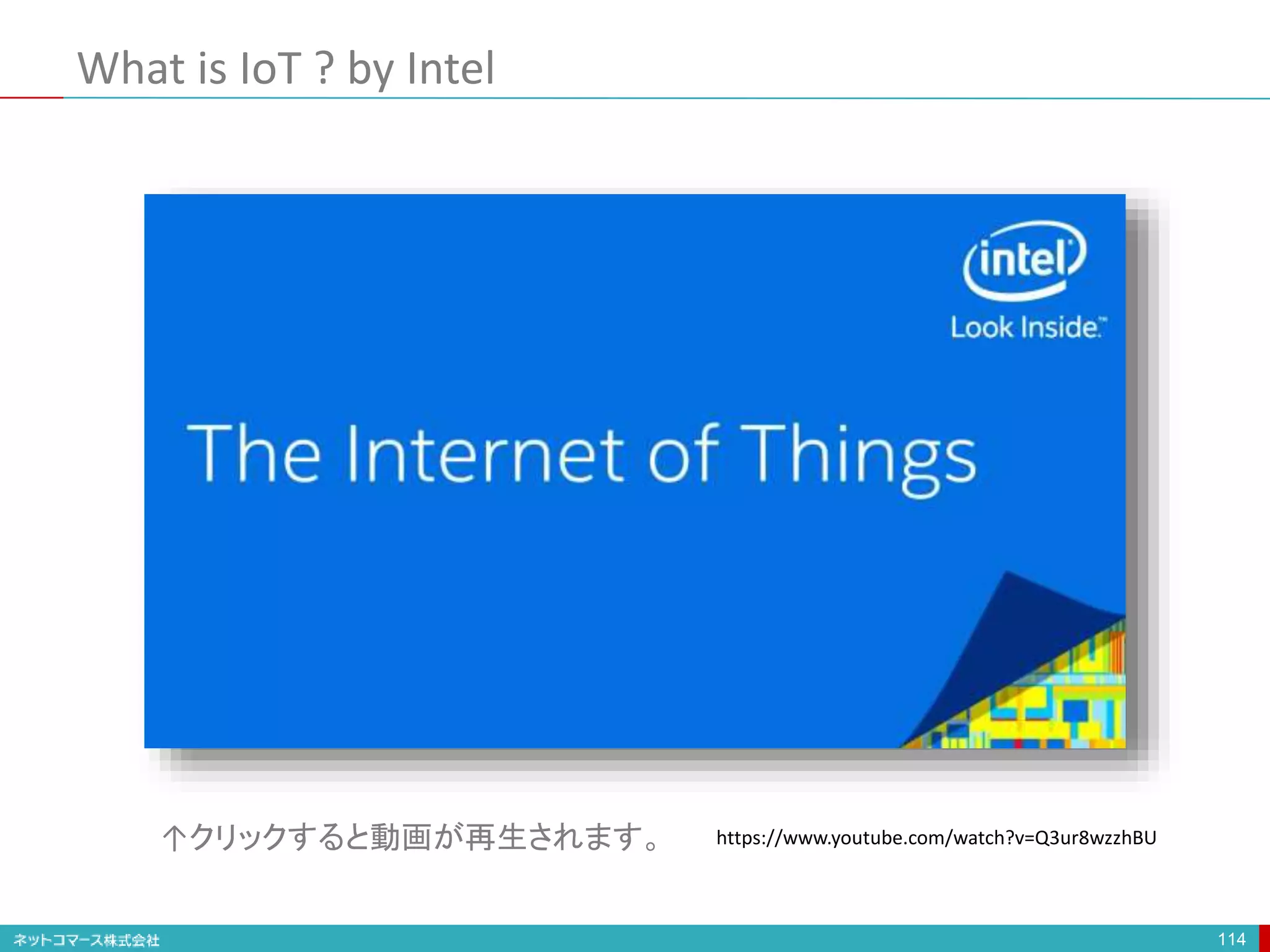 What is IoT ? by Intel
114
https://www.youtube.com/watch?v=Q3ur8wzzhBU↑クリックすると動画が再生されます。
 