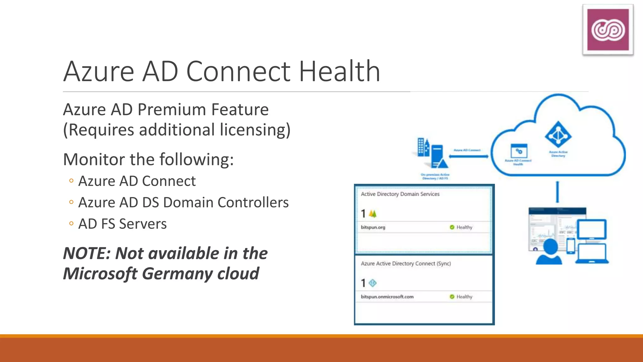 Azure AD Connect Health
Azure AD Premium Feature
(Requires additional licensing)
Monitor the following:
◦ Azure AD Connect
◦ Azure AD DS Domain Controllers
◦ AD FS Servers
NOTE: Not available in the
Microsoft Germany cloud
 