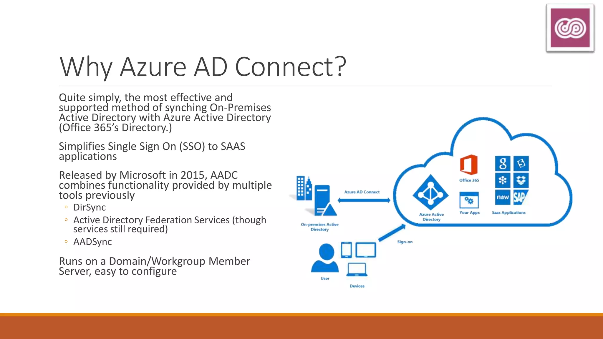 Why Azure AD Connect?
Quite simply, the most effective and
supported method of synching On-Premises
Active Directory with Azure Active Directory
(Office 365’s Directory.)
Simplifies Single Sign On (SSO) to SAAS
applications
Released by Microsoft in 2015, AADC
combines functionality provided by multiple
tools previously
◦ DirSync
◦ Active Directory Federation Services (though
services still required)
◦ AADSync
Runs on a Domain/Workgroup Member
Server, easy to configure
 