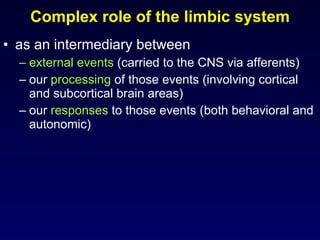 Complex role of the limbic system as an intermediary between external events  (carried to the CNS via afferents) our  processing  of those events (involving cortical and subcortical brain areas)  our  responses  to those events (both behavioral and autonomic) 