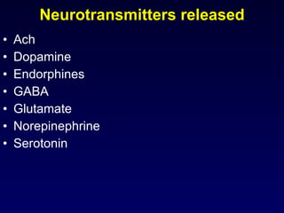 Neurotransmitters released Ach Dopamine Endorphines GABA Glutamate Norepinephrine Serotonin 