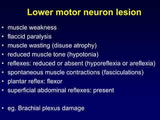 Lower motor neuron lesion
• muscle weakness
• flaccid paralysis
• muscle wasting (disuse atrophy)
• reduced muscle tone (hypotonia)
• reflexes: reduced or absent (hyporeflexia or areflexia)
• spontaneous muscle contractions (fasciculations)
• plantar reflex: flexor
• superficial abdominal reflexes: present
• eg. Brachial plexus damage
 