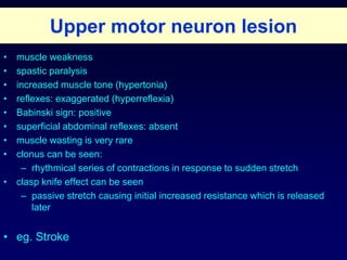 Upper motor neuron lesion
• muscle weakness
• spastic paralysis
• increased muscle tone (hypertonia)
• reflexes: exaggerated (hyperreflexia)
• Babinski sign: positive
• superficial abdominal reflexes: absent
• muscle wasting is very rare
• clonus can be seen:
– rhythmical series of contractions in response to sudden stretch
• clasp knife effect can be seen
– passive stretch causing initial increased resistance which is released
later
• eg. Stroke
 