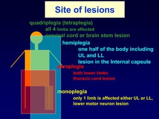 Site of lesions
monoplegia
only 1 limb is affected either UL or LL,
lower motor neuron lesion
hemiplegia
one half of the body including
UL and LL
lesion in the Internal capsule
paraplegia
both lower limbs
thoracic cord lesion
quadriplegia (tetraplegia)
all 4 limbs are affected
cervical cord or brain stem lesion
 