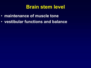 Brain stem level
• maintenance of muscle tone
• vestibular functions and balance
 