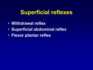 Superficial reflexes
• Withdrawal reflex
• Superficial abdominal reflex
• Flexor plantar reflex
 