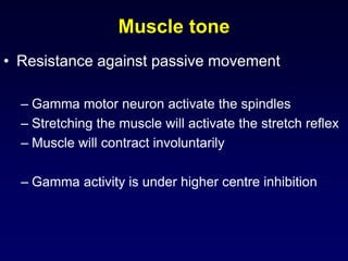 Muscle tone
• Resistance against passive movement
– Gamma motor neuron activate the spindles
– Stretching the muscle will activate the stretch reflex
– Muscle will contract involuntarily
– Gamma activity is under higher centre inhibition
 