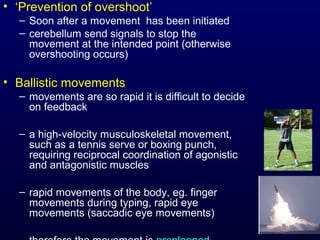 • ‘Prevention of overshoot’
– Soon after a movement has been initiated
– cerebellum send signals to stop the
movement at the intended point (otherwise
overshooting occurs)
• Ballistic movements
– movements are so rapid it is difficult to decide
on feedback
– a high-velocity musculoskeletal movement,
such as a tennis serve or boxing punch,
requiring reciprocal coordination of agonistic
and antagonistic muscles
– rapid movements of the body, eg. finger
movements during typing, rapid eye
movements (saccadic eye movements)
 