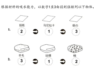 根据材料的吸水能力，以数字1至3由弱到强排列以下物体。
12 3
213
 