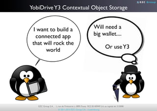 EZC Group

YobiDrive Y3 Contextual Object Storage


  I want to build a                                         Will need a
   connected app                                            big wallet....
 that will rock the
                                                                        Or use Y3
       world




   EZC Group S.A.   1, rue de l’Industrie L-3895 Foetz RCS B140949 S.A. au capital de 31500€
                        © 2011-2012 EZC Group S.A. - Luxembourg
 