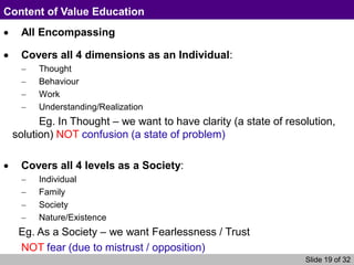 Slide 19 of 32
Content of Value Education
All Encompassing
Covers all 4 dimensions as an Individual:
Thought
Behaviour
Work
Understanding/Realization
Eg. In Thought – we want to have clarity (a state of resolution,
solution) NOT confusion (a state of problem)
Covers all 4 levels as a Society:
Individual
Family
Society
Nature/Existence
Eg. As a Society – we want Fearlessness / Trust
NOT fear (due to mistrust / opposition)
 