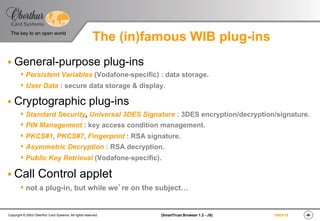 ‹#›(SmartTrust Browser 1.3 - JS)Copyright © 2003 Oberthur Card Systems. All rights reserved.
The key to an open world
19/03/15
The (in)famous WIB plug-ins
§ General-purpose plug-ins
s Persistent Variables (Vodafone-specific) : data storage.
s User Data : secure data storage & display.
§ Cryptographic plug-ins
s Standard Security, Universal 3DES Signature : 3DES encryption/decryption/signature.
s PIN Management : key access condition management.
s PKCS#1, PKCS#7, Fingerprint : RSA signature.
s Asymmetric Decryption : RSA decryption.
s Public Key Retrieval (Vodafone-specific).
§ Call Control applet
s not a plug-in, but while we’re on the subject…
 