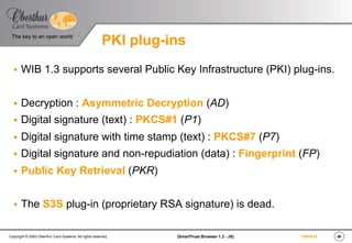 ‹#›(SmartTrust Browser 1.3 - JS)Copyright © 2003 Oberthur Card Systems. All rights reserved.
The key to an open world
19/03/15
PKI plug-ins
§  WIB 1.3 supports several Public Key Infrastructure (PKI) plug-ins.
§  Decryption : Asymmetric Decryption (AD)
§  Digital signature (text) : PKCS#1 (P1)
§  Digital signature with time stamp (text) : PKCS#7 (P7)
§  Digital signature and non-repudiation (data) : Fingerprint (FP)
§  Public Key Retrieval (PKR)
§  The S3S plug-in (proprietary RSA signature) is dead.
 