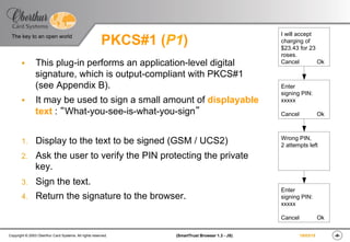 ‹#›(SmartTrust Browser 1.3 - JS)Copyright © 2003 Oberthur Card Systems. All rights reserved.
The key to an open world
19/03/15
PKCS#1 (P1)
§  This plug-in performs an application-level digital
signature, which is output-compliant with PKCS#1
(see Appendix B).
§  It may be used to sign a small amount of displayable
text : “What-you-see-is-what-you-sign”
1.  Display to the text to be signed (GSM / UCS2)
2.  Ask the user to verify the PIN protecting the private
key.
3.  Sign the text.
4.  Return the signature to the browser.
I will accept
charging of
$23.43 for 23
roses.
Cancel Ok
Enter
signing PIN:
xxxxx
Cancel Ok
Wrong PIN,
2 attempts left
Enter
signing PIN:
xxxxx
Cancel Ok
 