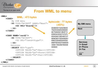 ‹#›(SmartTrust Browser 1.3 - JS)Copyright © 2003 Oberthur Card Systems. All rights reserved.
The key to an open world
19/03/15
From WML to menu
<WML>
<CARD>
My SIM menu
<DO TYPE="ACCEPT" LABEL="Next">
<GO URL="#card2"/>
</DO>
</CARD>
<CARD NAME="card2">
<DO TYPE="ACCEPT">
<GO URL="?send=$type"/>
</DO>
Services
<SELECT KEY="type">
<OPTION VALUE="em">Email</OPTION>
<OPTION VALUE="ph">Phone</OPTION>
<OPTION VALUE="fx">Fax</OPTION>
</SELECT>
</CARD>
</WML>
004B050102020B4D
792053494D206D65
6E750600010B3F73
656E643D02747970
65042601085365727
66963657305456D61
696C02656D000550
686F6E65027068000
34661780266780006
000600
bytecode : 77 bytes
(-83%) My SIM menu
_____________
Next
Services
1> Email
2> Phone
3> Fax
____
OK
WML : 473 bytes
 