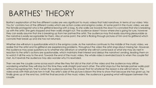 BARTHES’ THEORY
Barthe’s explanation of the five different codes are very significant to music videos that hold narratives. In terms of our video ‘Miss
You So’ contains two of the different codes which are action codes and enigma codes. At some point in the music video, we see
the female protagonist who is the girlfriend leaving with a bag. As she walks we towards the door it is connoted that she is breaking
up with the artist. She gets stopped and then walks straight out. The audience doesn’t know where she is going for sure, however
they can easily assume that she is breaking up from her partner/the artist. The audience may find easily assuming pleasurable as
the narrative is easily recognisable for them. Also at some point, the artist is flicking through pictures of him and his girlfriend which
connote their break-up and she has not returned.
Whether she will return is questionable which is the enigma code. As the narrative continues to the middle of the music video, we
realise that the artist and his girlfriend are experiencing problems. Throughout the video the artist sings about missing her. However,
the audience may pose questions as to whether she will return or whether she will not come back or what she may do next in
reaction to the artist’s actions are questionable, which maintains their interest and delays the narrative’s ending, leading them on
to watch it all the way to the end. Towards the end of the music video, the whole video is rewinded back to when the couple first
met. As it rewinds the audience may also wonder why it is rewinded.
Then we see the couple come across each other like they first did at the start of the video and the audience may still be
wondering whether they will stop but this time they walk straight past each other. The artist stops but the female partner walks past
without recognising him. That is when the audience reaches the answer that for whatever the reason is she will not return. The
video ends with their picture torn in half. The artist’s side of the picture is blown this time to show that because she has given up, he
finally gives up at the end too. Until the final seconds of the music video, the audience is guessing what will happen between the
couple.
 