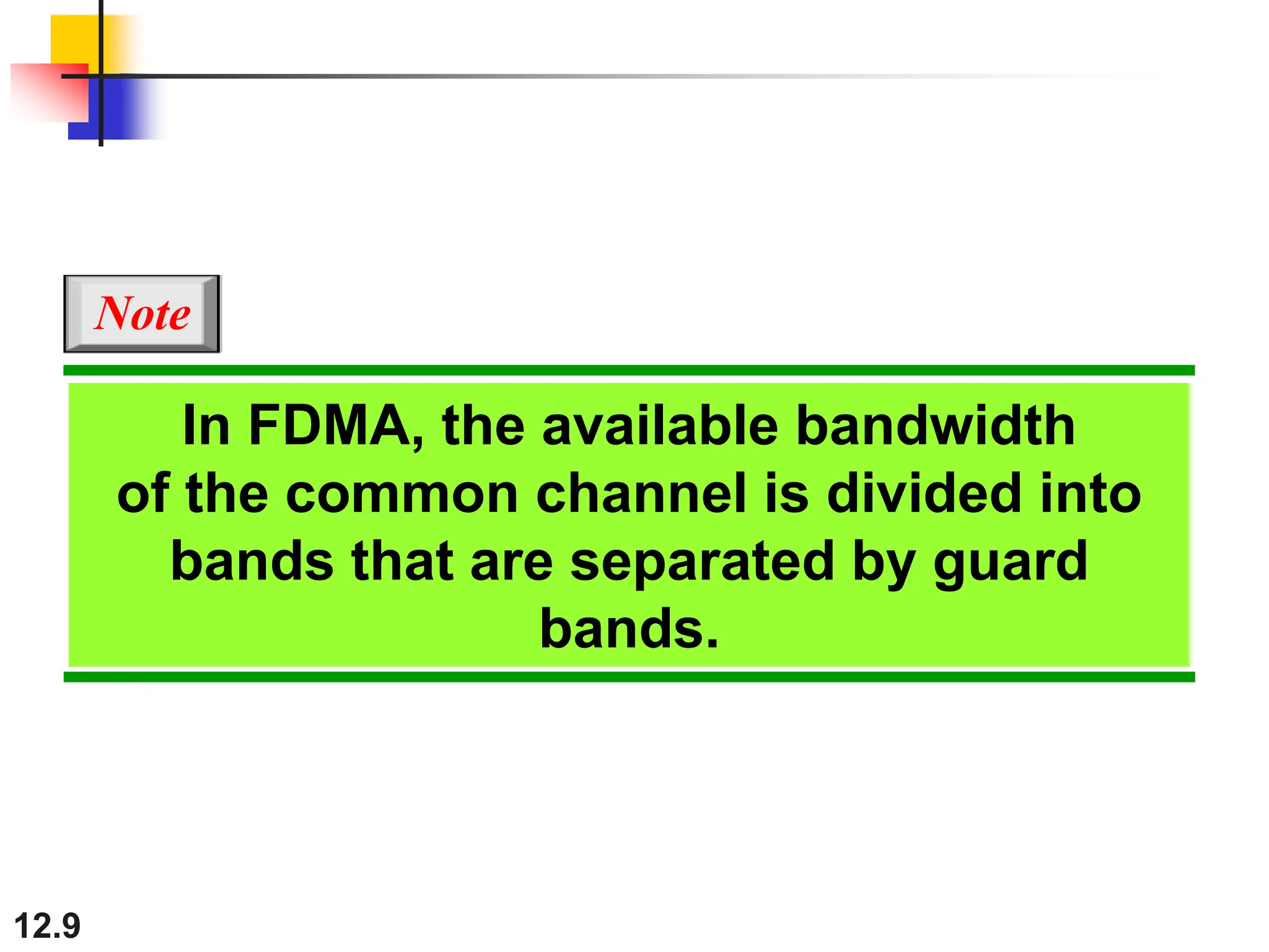 12.9
In FDMA, the available bandwidth
of the common channel is divided into
bands that are separated by guard
bands.
Note
 
