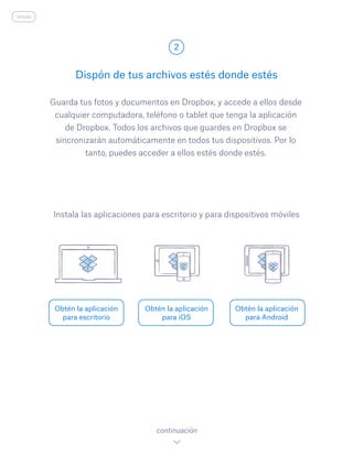 Guarda tus fotos y documentos en Dropbox, y accede a ellos desde
cualquier computadora, teléfono o tablet que tenga la aplicación
de Dropbox. Todos los archivos que guardes en Dropbox se
sincronizarán automáticamente en todos tus dispositivos. Por lo
tanto, puedes acceder a ellos estés donde estés.
Dispón de tus archivos estés donde estés
2
Obtén la aplicación
para escritorio
Obtén la aplicación
para iOS
Obtén la aplicación
para Android
continuación
Instala las aplicaciones para escritorio y para dispositivos móviles
inicio
 