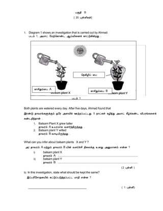 ÀÌ¾¢ B
[ 20 ÒûÇ¢¸û]

1. Diagram 1 shows an investigation that is carried out by Ahmad
À¼õ 1, «Á¡ð §Áü¦¸¡ñ¼ ¬öÅ¢¨Éì ¸¡ðÎ¸¢ýÈÐ .

¦¿¸¢Æ¢ô ¨À

¸¡º¢Ðõ¨À A

¸¡º¢Ðõ¨À B
À¼õ 1

Both plants are watered every day. After five days, Ahmad found that
þÃñÎ ¾¡ÅÃí¸ÙìÌõ ´§Ã «ÇÅ¢ø °üÈôÀð¼Ð. 5 ¿¡ð¸û ¸Æ¢òÐ «Á¡ð ¸£úì¸ñ¼ Å¢ÀÃí¸¨Çì
¸ñ¼È¢ó¾¡ý .
1. Balsam Plant X grew taller
¾¡ÅÃõ A ¯ÂÃÁ¡¸ ÅÇ÷ó¾¢Õó¾Ð .
2. Balsam plant Y wilted
¾¡ÅÃõ B Å¡ÊÂ¢Õó¾Ð .
What can you infer about balsam plants X and Y ?
«) ¾¡ÅÃõ A ÁüÚõ ¾¡ÅÃõ B Â¢ý ÅÇ÷îº¢ ¿¢¨ÄìÌ ¯ÉÐ «ÛÁ¡Éõ ±ýÉ ?
i)
ii)

balsam plant X
¾¡ÅÃõ A: ..................................................................................................................
balsam plant Y
¾¡ÅÃõ B: ..................................................................................................................
( 2 ÒûÇ¢ )

b) In this investigation, state what should be kept the same?
þôÀÃ¢§º¡¾ÉÂ¢ø ¸ðÎôÀÎò¾ôÀð¼ Á¡È¢ ±ýÉ ?
_________________________________________

( 1 ÒûÇ¢)

 