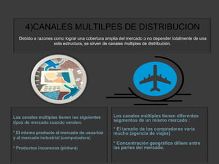 4)CANALES MULTILPES DE DISTRIBUCION
Debido a razones como lograr una cobertura amplia del mercado o no depender totalmente de una
sola estructura, se sirven de canales múltiples de distribución.
Los canales múltiples tienen los siguientes
tipos de mercado cuando venden:
* El mismo producto al mercado de usuarios
y al mercado industrial (computadora)
* Productos inconexos (pintura)
Los canales múltiples tienen diferentes
segmentos de un mismo mercado :
* El tamaño de los compradores varía
mucho (agencia de viajes)
* Concentración geográfica difiere entre
las partes del mercado.
 
