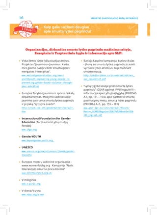 16                                                     Smurtas santykiuose: Mitai ir Tikrovė



 Išmok              Kaip galiu sužinoti daugiau
                    apie smurtą lyties pagrindu?



     Organizacijos, dirbančios smurto lyties pagrindu mažinimo srityje,
          Europiniu ir Tarptautiniu lygiu ir informacija apie SLP:

▸▸Viduržemio jūros lyčių studijų centras.       ▸▸Baltojo kaspino kampanija, kurios tikslas
  Projektas “Jaunimas – Jaunimui. Kartu           - į kovą su smurtu lyties pagrindu įtraukti
  mes galime pasipriešinti smurtui prieš          vyriškos lyties atstovus, taip mažinant
  mergaites ir merginas”.                         smurto mąstą.
  www.medinstgenderstudies.org/news/              http://whiteribbon.ca/issuebrief/pdf/wrc_
  youth4youth-empowering-young-people-in-         swc_issuebrief.pdf
  preventing-gender-based-violence-through-
  peer-education                                ▸▸“Lyčių lygybė kovoje prieš smurtą lyties
                                                  pagrindu” (GEAR against IPV) Knygutė III –
▸▸Europos Tarybos Jaunimo ir sporto reikalų       informacija apie Lyčių (ne)lygybę (PRIEDAS
  departamentas. Mokymo vadovas apie              A.1, pp. 151 – 154), apie partnerio smurtą
  jaunimo patiriama smurtą lyties pagrindu        pasimatymų metu, smurtą lyties pagrindu
  ir jo įtaką ”Lytis yra svarbi”.                 (PRIEDAS A.2., pp. 155 – 181)
  http://eycb.coe.int/gendermatters/default.      www.gear-ipv.eu/sites/default/files/1/
  htm                                             Master_GEAR%20against%20IPV%20Booklet%20
                                                  III_English.pdf
▸▸International Foundation for Gender
  Education (Tarptautinis Lyčių studijų
  fondas)
  www.ifge.org


▸▸GenderYOUTH
  www.beyondgenderyouth.org


▸▸UNESCO
  www.unesco.org/new/en/unesco/themes/gender-
  equality


▸▸Europos moterų Lobistinė organizacija -
  www.womenlobby.org Kampanija “Nulis
  tolerancijos smurtui pries moteris”
  www.zerotolerance.org.uk


▸▸V-merginos
  www.v-girls.org


▸▸V-diena/V-vyrai
  www.vday.org/v-men
 
