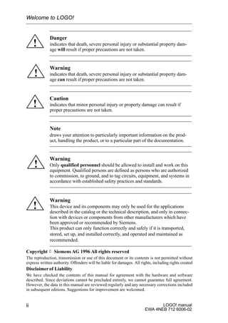 LOGO! manual
EWA 4NEB 712 6006-02
ii
!
Danger
indicates that death, severe personal injury or substantial property dam-
age will result if proper precautions are not taken.
!
Warning
indicates that death, severe personal injury or substantial property dam-
age can result if proper precautions are not taken.
!
Caution
indicates that minor personal injury or property damage can result if
proper precautions are not taken.
Note
draws your attention to particularly important information on the prod-
uct, handling the product, or to a particular part of the documentation.
!
Warning
Only qualified personnel should be allowed to install and work on this
equipment. Qualified persons are defined as persons who are authorized
to commission, to ground, and to tag circuits, equipment, and systems in
accordance with established safety practices and standards.
!
Warning
This device and its components may only be used for the applications
described in the catalog or the technical description, and only in connec-
tion with devices or components from other manufacturers which have
been approved or recommended by Siemens.
This product can only function correctly and safely if it is transported,
stored, set up, and installed correctly, and operated and maintained as
recommended.
Copyright E Siemens AG 1996 All rights reserved
The reproduction, transmission or use of this document or its contents is not permitted without
express written authority. Offenders will be liable for damages. All rights, including rights created
Disclaimerof Liability
We have checked the contents of this manual for agreement with the hardware and software
described. Since deviations cannot be precluded entirely, we cannot guarantee full agreement.
However, the data in this manual are reviewed regularly and any necessary corrections included
in subsequent editions. Suggestions for improvement are welcomed.
Welcome to LOGO!
 