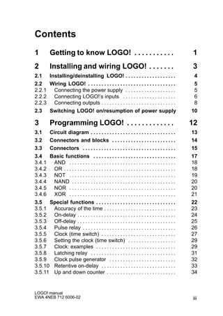 iii
LOGO! manual
EWA 4NEB 712 6006-02
Contents
1 Getting to know LOGO! 1. . . . . . . . . . .
2 Installing and wiring LOGO! 3. . . . . . .
2.1 Installing/deinstalling LOGO! 4. . . . . . . . . . . . . . . . . . .
2.2 Wiring LOGO! 5. . . . . . . . . . . . . . . . . . . . . . . . . . . . . . . . .
2.2.1 Connecting the power supply 5. . . . . . . . . . . . . . . . . . .
2.2.2 Connecting LOGO!’s inputs 6. . . . . . . . . . . . . . . . . . . .
2.2.3 Connecting outputs 8. . . . . . . . . . . . . . . . . . . . . . . . . . . .
2.3 Switching LOGO! on/resumption of power supply 10
3 Programming LOGO! 12. . . . . . . . . . . . .
3.1 Circuit diagram 13. . . . . . . . . . . . . . . . . . . . . . . . . . . . . . . .
3.2 Connectors and blocks 14. . . . . . . . . . . . . . . . . . . . . . . .
3.3 Connectors 15. . . . . . . . . . . . . . . . . . . . . . . . . . . . . . . . . . .
3.4 Basic functions 17. . . . . . . . . . . . . . . . . . . . . . . . . . . . . . .
3.4.1 AND 18. . . . . . . . . . . . . . . . . . . . . . . . . . . . . . . . . . . . . . . .
3.4.2 OR 18. . . . . . . . . . . . . . . . . . . . . . . . . . . . . . . . . . . . . . . . . .
3.4.3 NOT 19. . . . . . . . . . . . . . . . . . . . . . . . . . . . . . . . . . . . . . . .
3.4.4 NAND 20. . . . . . . . . . . . . . . . . . . . . . . . . . . . . . . . . . . . . . .
3.4.5 NOR 20. . . . . . . . . . . . . . . . . . . . . . . . . . . . . . . . . . . . . . . .
3.4.6 XOR 21. . . . . . . . . . . . . . . . . . . . . . . . . . . . . . . . . . . . . . . .
3.5 Special functions 22. . . . . . . . . . . . . . . . . . . . . . . . . . . . . .
3.5.1 Accuracy of the time 23. . . . . . . . . . . . . . . . . . . . . . . . . . .
3.5.2 On-delay 24. . . . . . . . . . . . . . . . . . . . . . . . . . . . . . . . . . . . .
3.5.3 Off-delay 25. . . . . . . . . . . . . . . . . . . . . . . . . . . . . . . . . . . . .
3.5.4 Pulse relay 26. . . . . . . . . . . . . . . . . . . . . . . . . . . . . . . . . . .
3.5.5 Clock (time switch) 27. . . . . . . . . . . . . . . . . . . . . . . . . . . .
3.5.6 Setting the clock (time switch) 29. . . . . . . . . . . . . . . . . .
3.5.7 Clock: examples 29. . . . . . . . . . . . . . . . . . . . . . . . . . . . . .
3.5.8 Latching relay 31. . . . . . . . . . . . . . . . . . . . . . . . . . . . . . . .
3.5.9 Clock pulse generator 32. . . . . . . . . . . . . . . . . . . . . . . . .
3.5.10 Retentive on-delay 33. . . . . . . . . . . . . . . . . . . . . . . . . . . .
3.5.11 Up and down counter 34. . . . . . . . . . . . . . . . . . . . . . . . . .
 