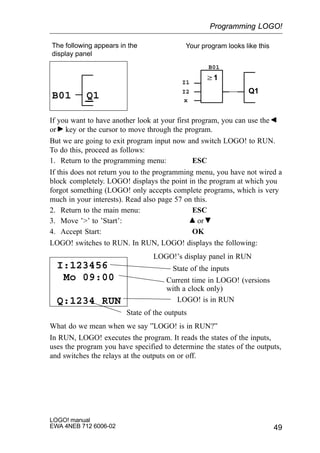 49
LOGO! manual
EWA 4NEB 712 6006-02
The following appears in the
display panel
w1
Q1
Your program looks like this
I1
B01
I2
Q1B01 x
If you want to have another look at your first program, you can use the
or key or the cursor to move through the program.
But we are going to exit program input now and switch LOGO! to RUN.
To do this, proceed as follows:
1. Return to the programming menu: ESC
If this does not return you to the programming menu, you have not wired a
block completely. LOGO! displays the point in the program at which you
forgot something (LOGO! only accepts complete programs, which is very
much in your interests). Read also page 57 on this.
2. Return to the main menu: ESC
3. Move ’’ to ’Start’: or
4. Accept Start: OK
LOGO! switches to RUN. In RUN, LOGO! displays the following:
I:123456
LOGO!’s display panel in RUN
State of the inputs
Current time in LOGO! (versions
with a clock only)
LOGO! is in RUN
State of the outputs
I:123456
Mo 09:00
Q:1234 RUN
What do we mean when we say ”LOGO! is in RUN?”
In RUN, LOGO! executes the program. It reads the states of the inputs,
uses the program you have specified to determine the states of the outputs,
and switches the relays at the outputs on or off.
Programming LOGO!
 