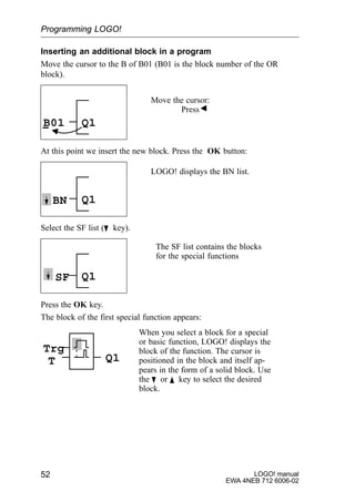 LOGO! manual
EWA 4NEB 712 6006-02
52
Inserting an additional block in a program
Move the cursor to the B of B01 (B01 is the block number of the OR
block).
Q1B01
Move the cursor:
Press
At this point we insert the new block. Press the OK button:
Q1BN
LOGO! displays the BN list.
Select the SF list (B key).
Q1SF
The SF list contains the blocks
for the special functions
Press the OK key.
The block of the first special function appears:
Trg
T Q1
When you select a block for a special
or basic function, LOGO! displays the
block of the function. The cursor is
positioned in the block and itself ap-
pears in the form of a solid block. Use
the B or Y key to select the desired
block.
Programming LOGO!
 