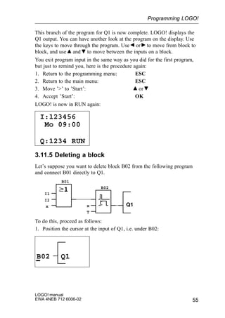 55
LOGO! manual
EWA 4NEB 712 6006-02
This branch of the program for Q1 is now complete. LOGO! displays the
Q1 output. You can have another look at the program on the display. Use
the keys to move through the program. Use or to move from block to
block, and use and to move between the inputs on a block.
You exit program input in the same way as you did for the first program,
but just to remind you, here is the procedure again:
1. Return to the programming menu: ESC
2. Return to the main menu: ESC
3. Move ’’ to ’Start’: or
4. Accept ’Start’: OK
LOGO! is now in RUN again:
I:123456
Q:1234 RUN
Mo 09:00
3.11.5 Deleting a block
Let’s suppose you want to delete block B02 from the following program
and connect B01 directly to Q1.
Q1
I1
I2
x x
T
B01
B02
To do this, proceed as follows:
1. Position the cursor at the input of Q1, i.e. under B02:
B02 Q1
Programming LOGO!
 