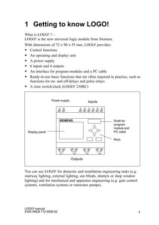1
LOGO! manual
EWA 4NEB 712 6006-02
1 Getting to know LOGO!
What is LOGO! ? –
LOGO! is the new universal logic module from Siemens.
With dimensions of 72 x 90 x 55 mm, LOGO! provides:
S Control functions
S An operating and display unit
S A power supply
S 6 inputs and 4 outputs
S An interface for program modules and a PC cable
S Ready-to-use basic functions that are often required in practice, such as
functions for on- and off-delays and pulse relays
S A time switch/clock (LOGO! 230RC)
L1 N I1 I2 I3 I4 I5 I6
Q1 Q2 Q3 Q4
SIEMENS
Inputs
Outputs
Power supply
Display panel
Keys
Shaft for
program
module and
PC cable
You can use LOGO! for domestic and installation engineering tasks (e.g.
stairway lighting, external lighting, sun blinds, shutters or shop window
lighting) and for mechanical and apparatus engineering (e.g. gate control
systems, ventilation systems or rainwater pumps).
 