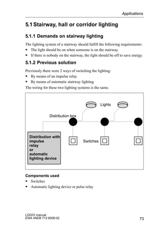 73
LOGO! manual
EWA 4NEB 712 6006-02
5.1Stairway, hall or corridor lighting
5.1.1 Demands on stairway lighting
The lighting system of a stairway should fulfill the following requirements:
S The light should be on when someone is on the stairway.
S If there is nobody on the stairway, the light should be off to save energy.
5.1.2 Previous solution
Previously there were 2 ways of switching the lighting:
S By means of an impulse relay
S By means of automatic stairway lighting
The wiring for these two lighting systems is the same.
ÎÎÎ
ÎÎÎ
ÎÎÎÎÎÎ ÎÎÎ
ÎÎÎ
ÎÎÎÎÎÎLights
Switches
Distribution with
impulse
relay
or
automatic
lighting device
Distribution box
Components used
S Switches
S Automatic lighting device or pulse relay
Applications
 