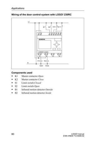 LOGO! manual
EWA 4NEB 712 6006-02
80
Wiring of the door control system with LOGO! 230RC
L1 N I1 I2 I3 I4 I5 I6
Q1 Q2 Q3 Q4
SIEMENS
K1 K2
Open Close
B1 B2 S2S1
L1
N
LOGO! 230RC
Components used
S K1 Master contactor Open
S K2 Master contactor Close
S S1 Limit switch Closed
S S2 Limit switch Open
S B1 Infrared motion detector Outside
S B2 Infrared motion detector Inside
Applications
 